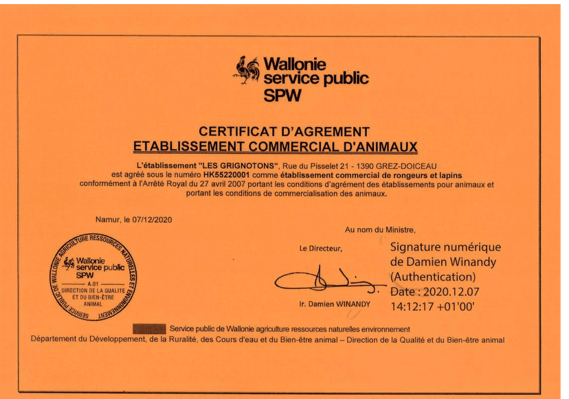 Certificat d'agrément